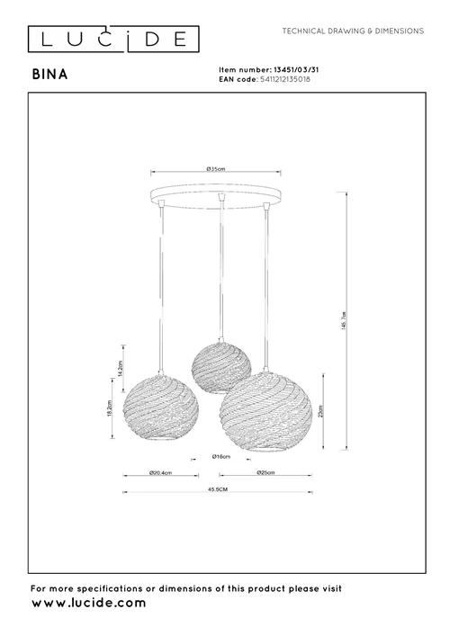 Lucide BINA - Suspension - Ø 40 cm - 3xE27 - Blanc - technique
